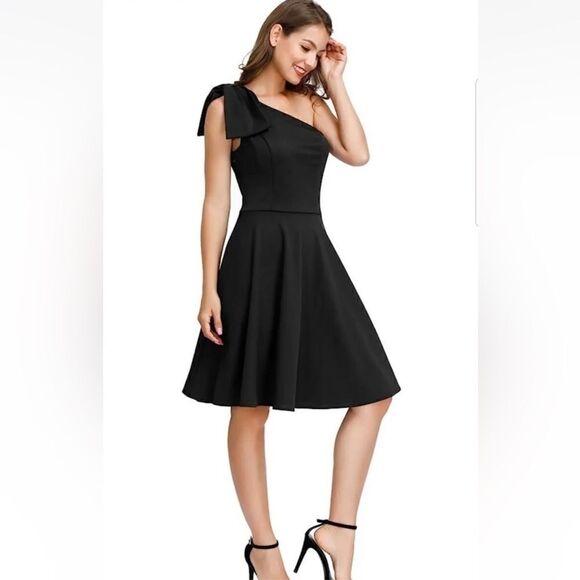 JASAMBAC  Bow One Shoulder Dress with Pockets A-line Cocktail Party Dress Sz-Med - Picture 1 of 16